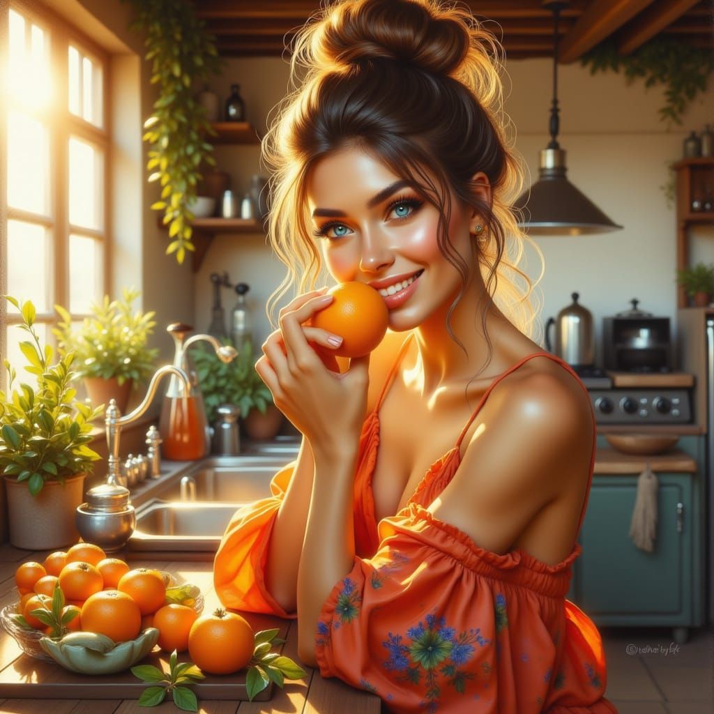 Woman Eating Orange in Sunlit Kitchen with Impressionist Bru...