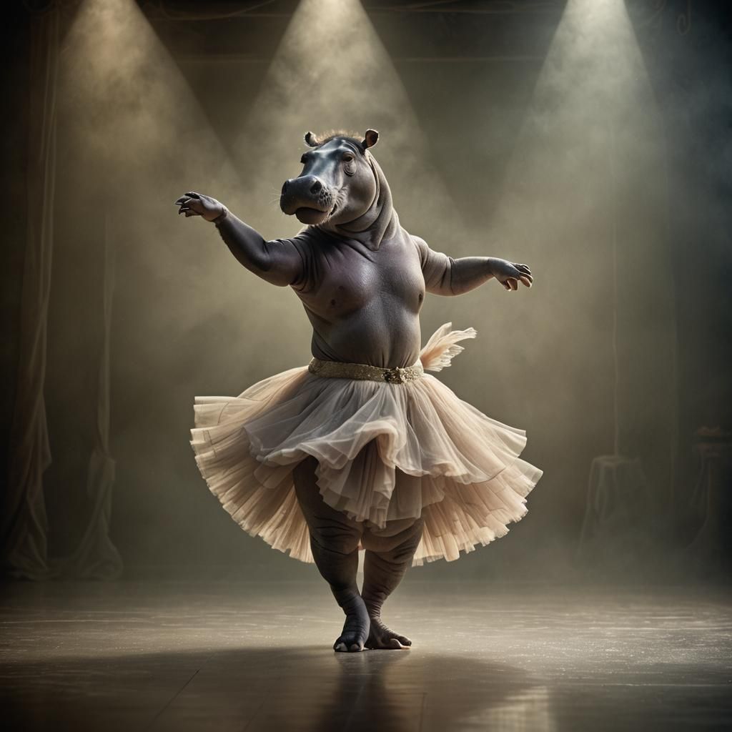 Hippo Ballerina Dances on Misty Stage
