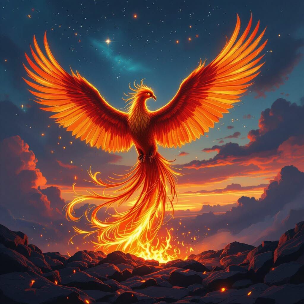 Phoenix Rising: Golden Feathers in Twilight Sky