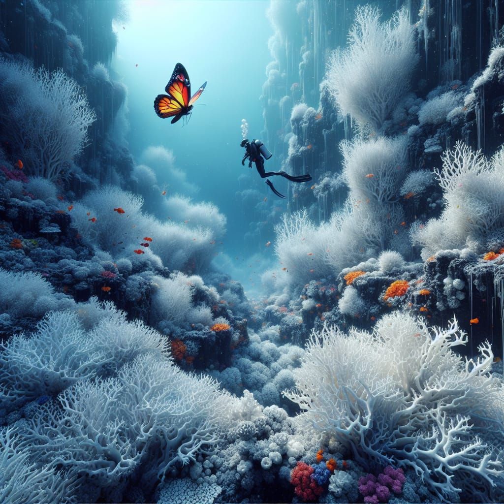 Butterfly Explores Bleached Coral Reef in Fantasy Art