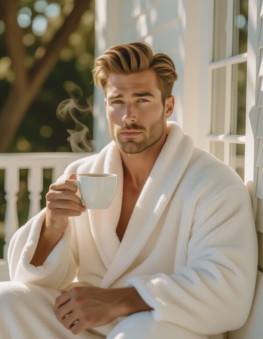 Gay Man Enjoys Coffee on Sunlit Porch