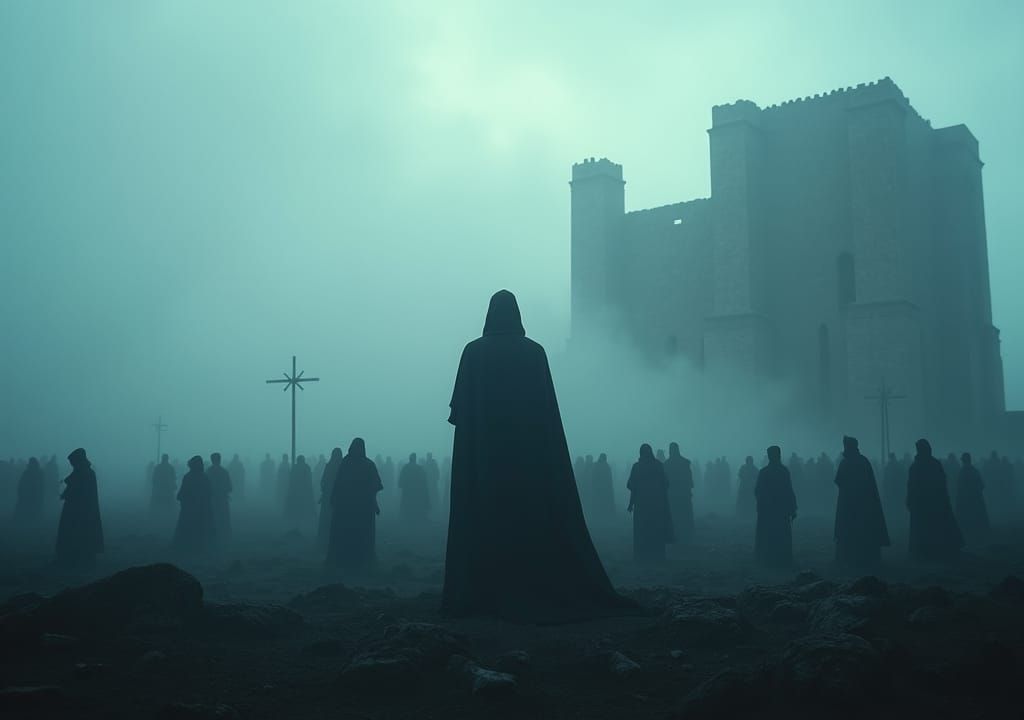Misty Figure Among Shadows in Ruined Castle