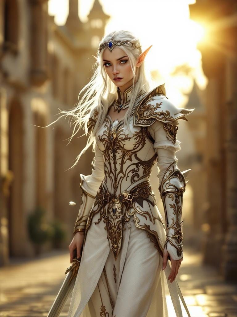 Elegant Elven Warrior in White Plate Armor