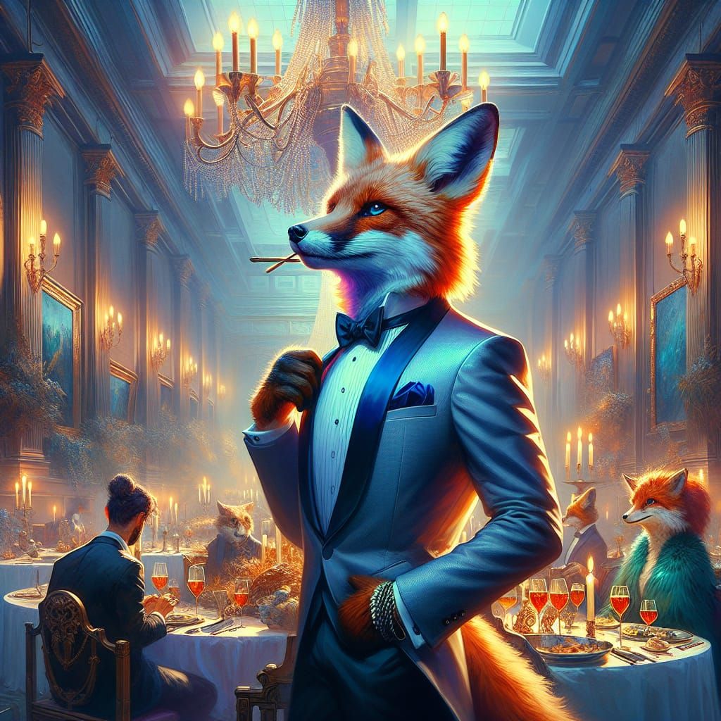 Anthropomorphic Fox in Tuxedo at Luxury Dinner Party