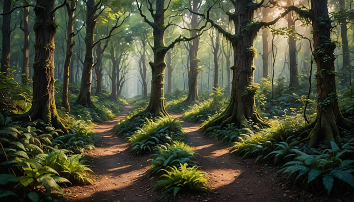 Enchanted Forest Path in Style of Gurney Oil Painting