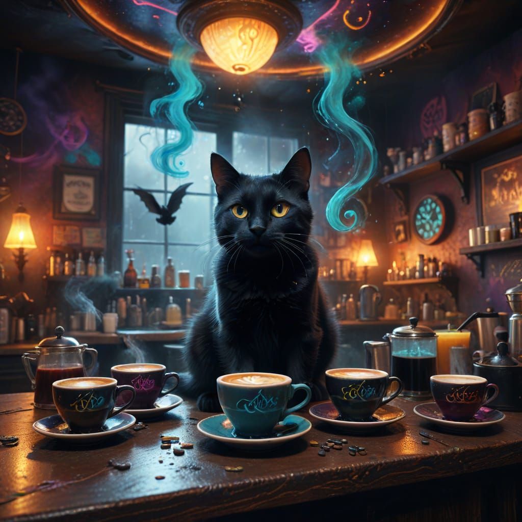Surreal Coffee Bar with Cat Baristas in Vibrant Oil Painting