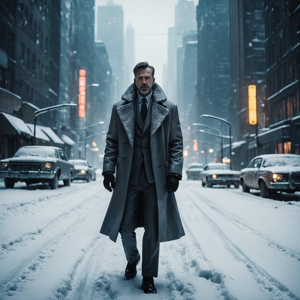 Man in Metallic Silver Suit Stands Tall in Urban Winter Scen...