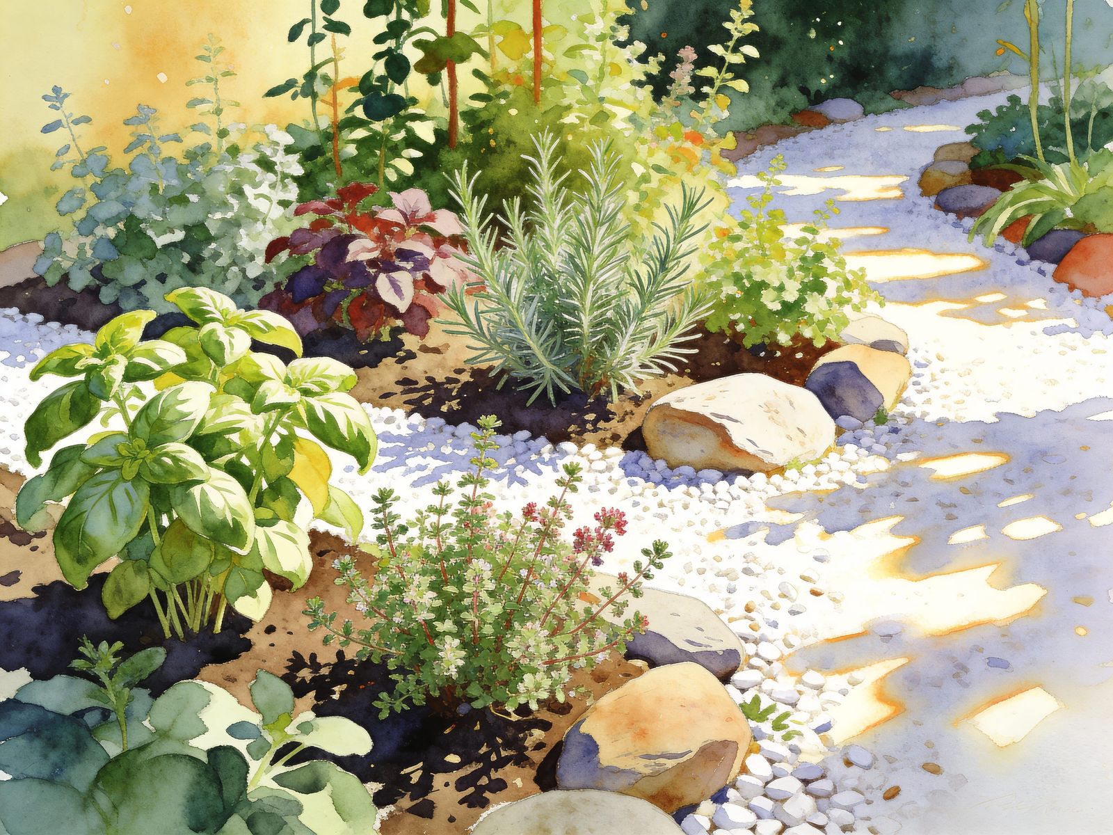 Watercolor Herb Garden with Sunlight and Gravel Paths