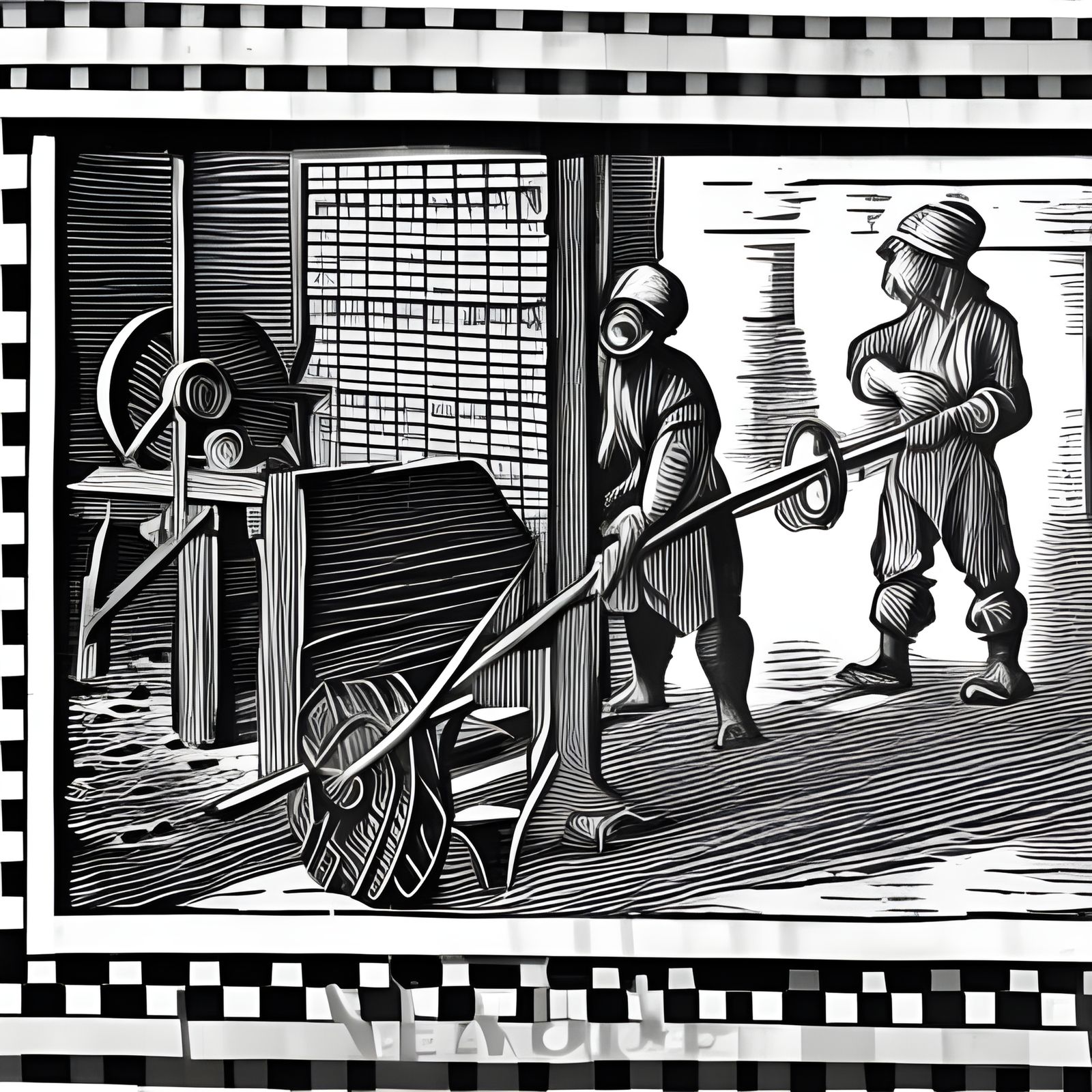 Checkered Workers Forging Wheel in Linocut Style
