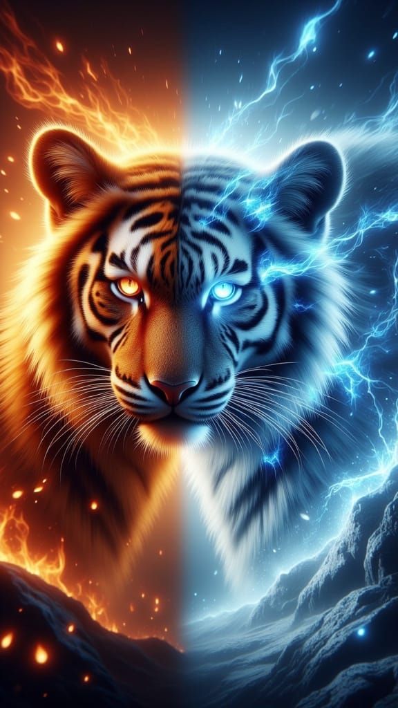 Dual Elemental Tigers in Fiery and Frosty Realism