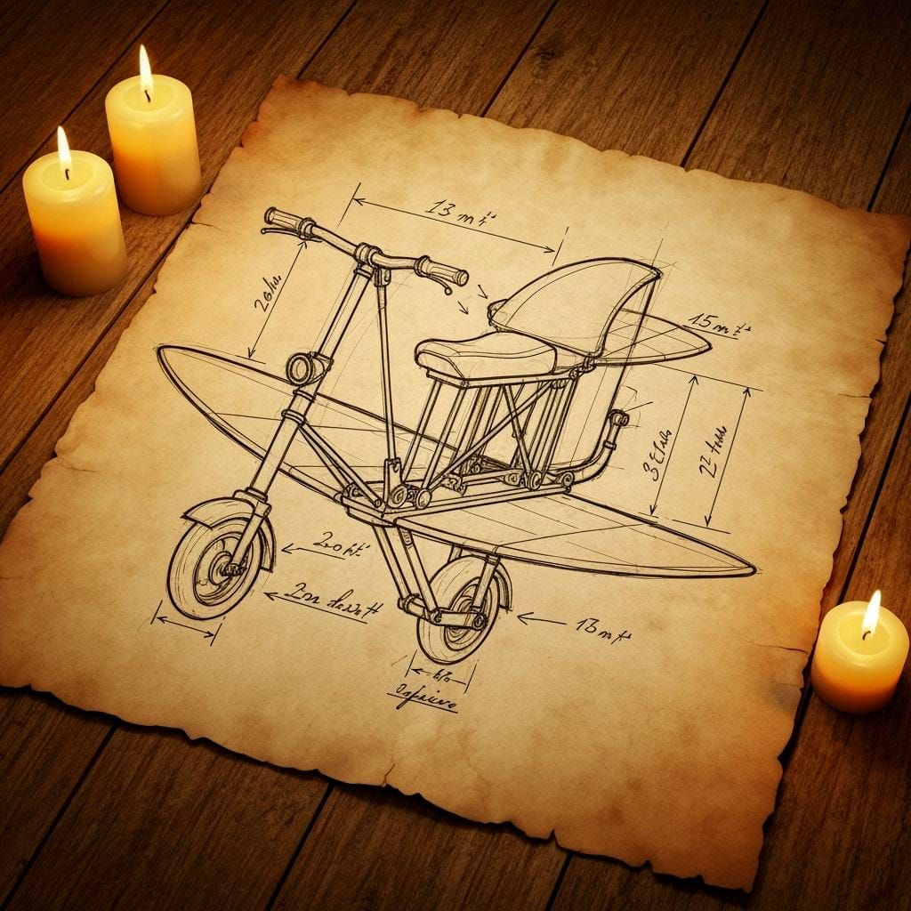 Da Vinci-Style Flying Scooter Technical Sketch