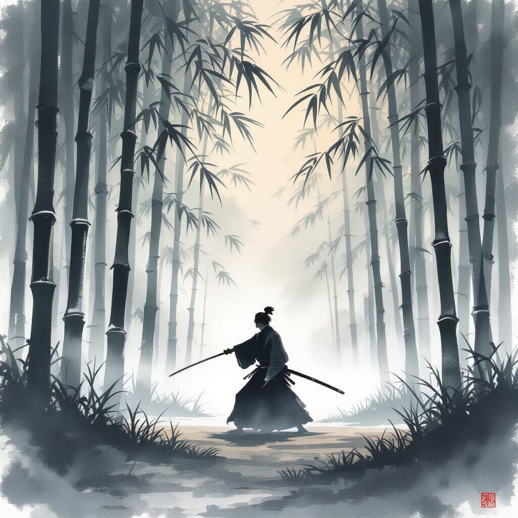 Ronin Practices Iaido in Misty Bamboo Forest