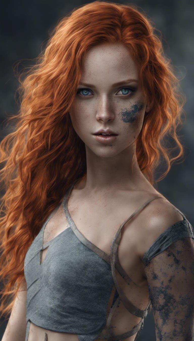 Redhead Portrait with Freckles and Black Lipstick