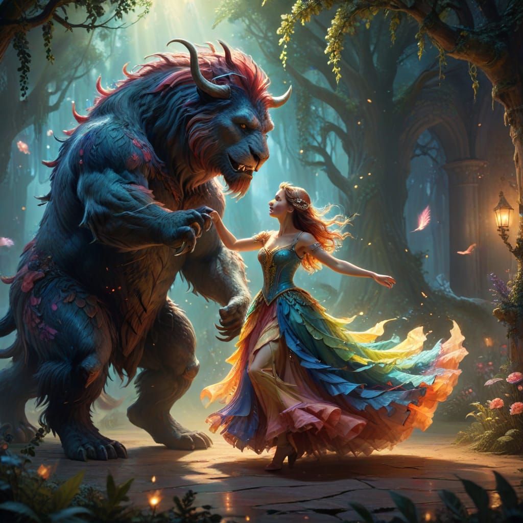 Whimsical Beast and Beauty Dance in a Fairytale Landscape