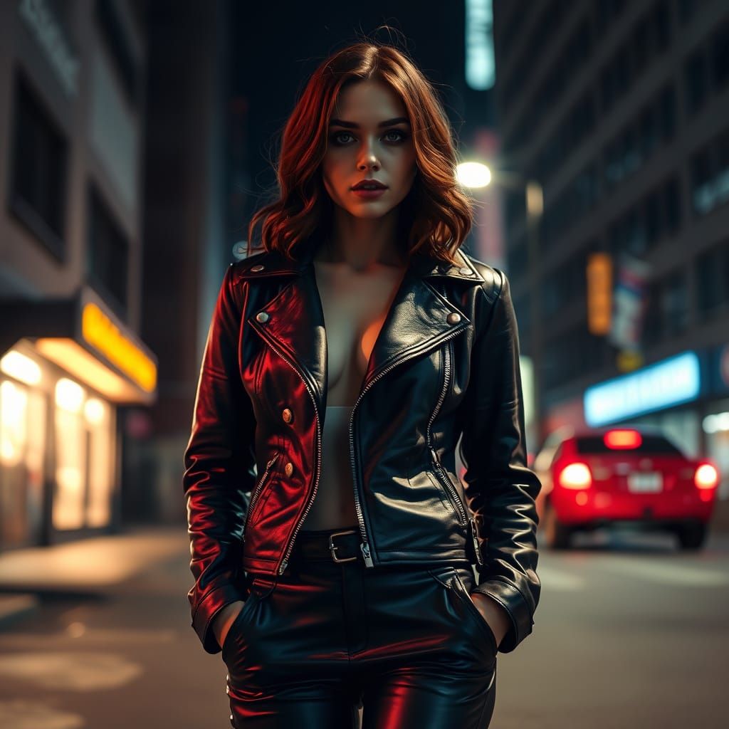 Woman in Leather in Film Noir Style
