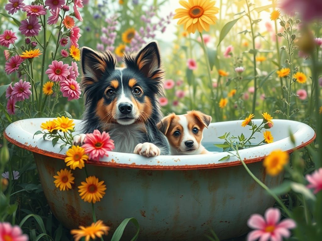 Shelties in Rustic Bathtub