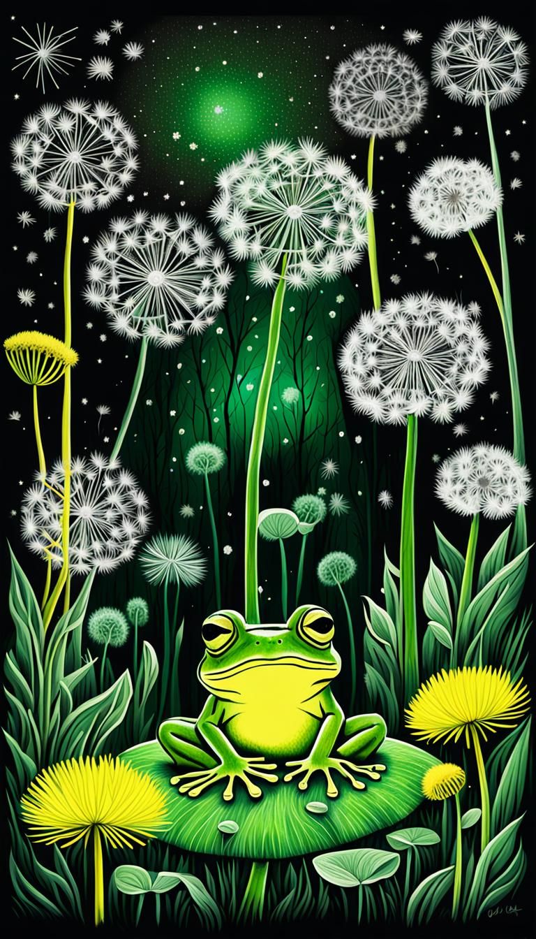 Green frog  beneath dandelions Kids Crayon drawings ,surreal...