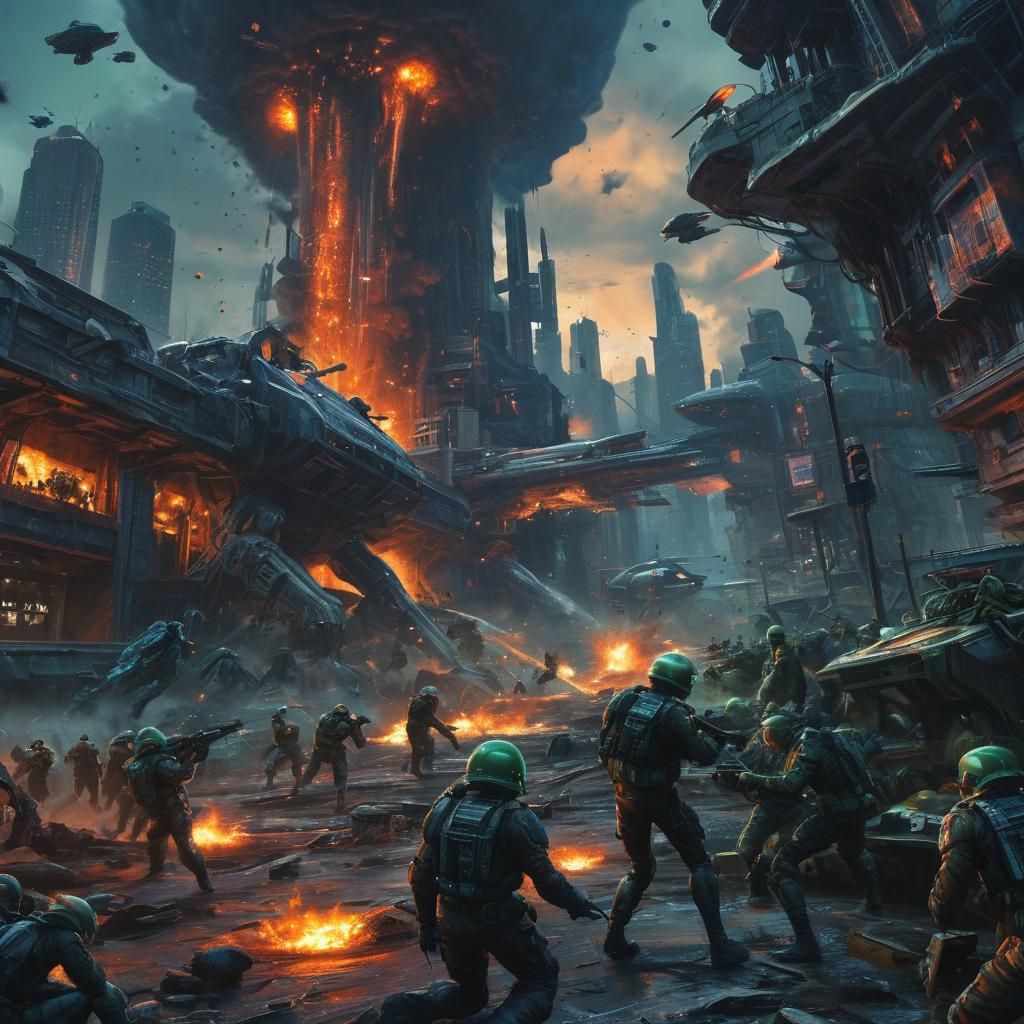 Soldiers Fighting Aliens in Terraformed City, Oil Painting