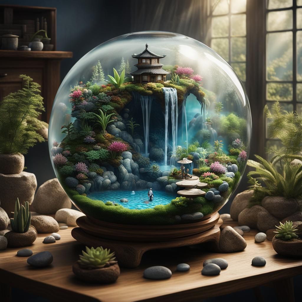 Terrarium Fantasy: Waterfall Scene in Glass Sphere