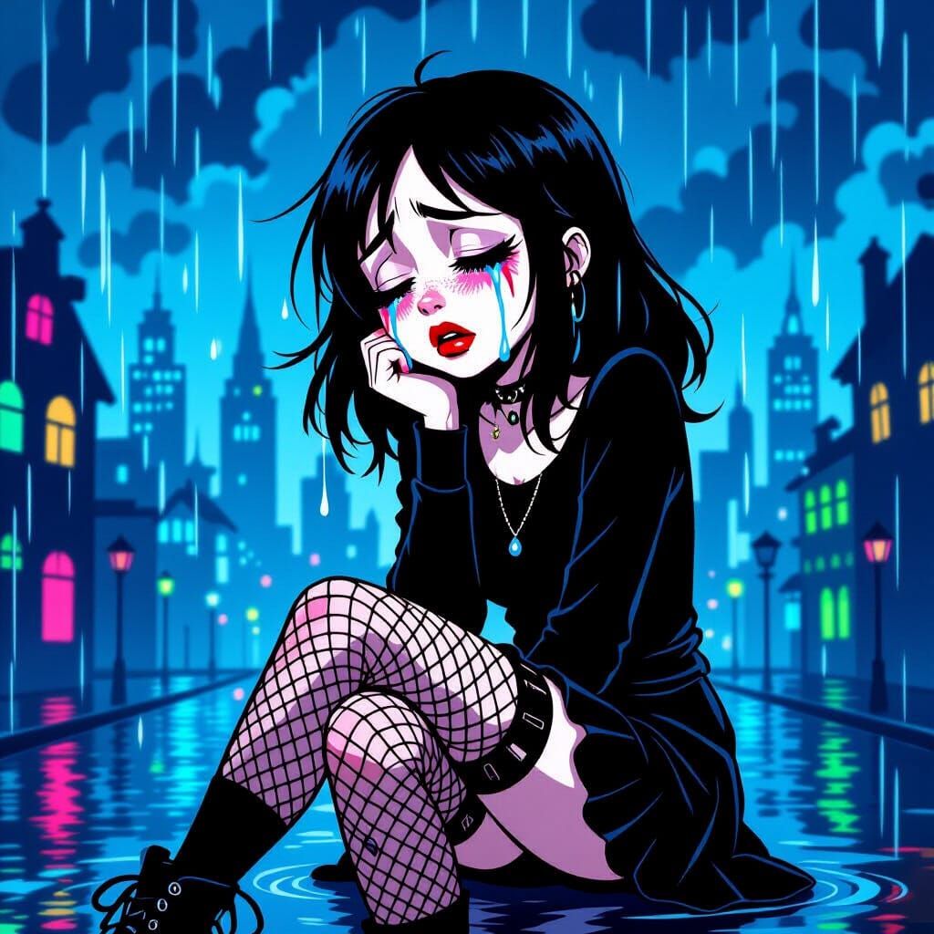 Emo Girl Crying in Rainy City, Cartoon Style