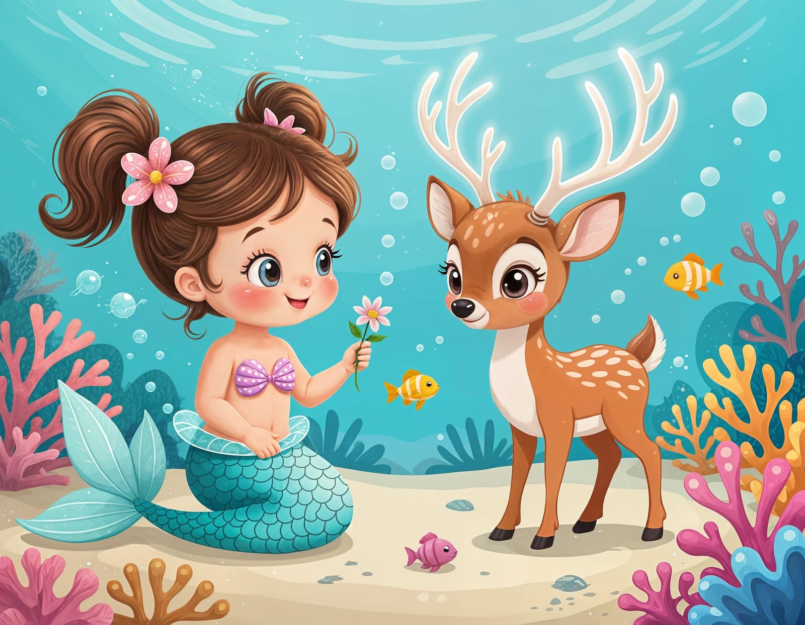 Toddler Mermaid and Mystical Deer Play Hide-and-Seek