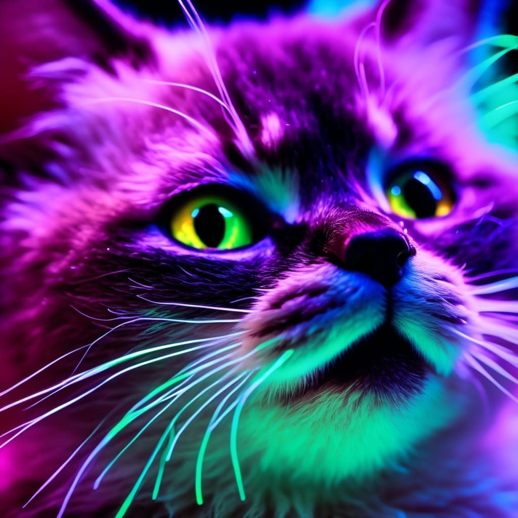 Glowing Bioluminescent Kitten Portrait in UV Projection