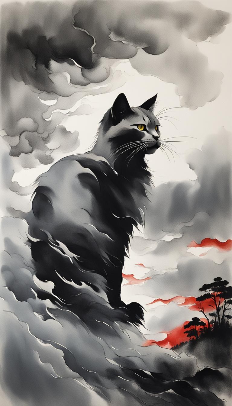 Minimalist Cat Amid Silver Thunder in Ink Painting