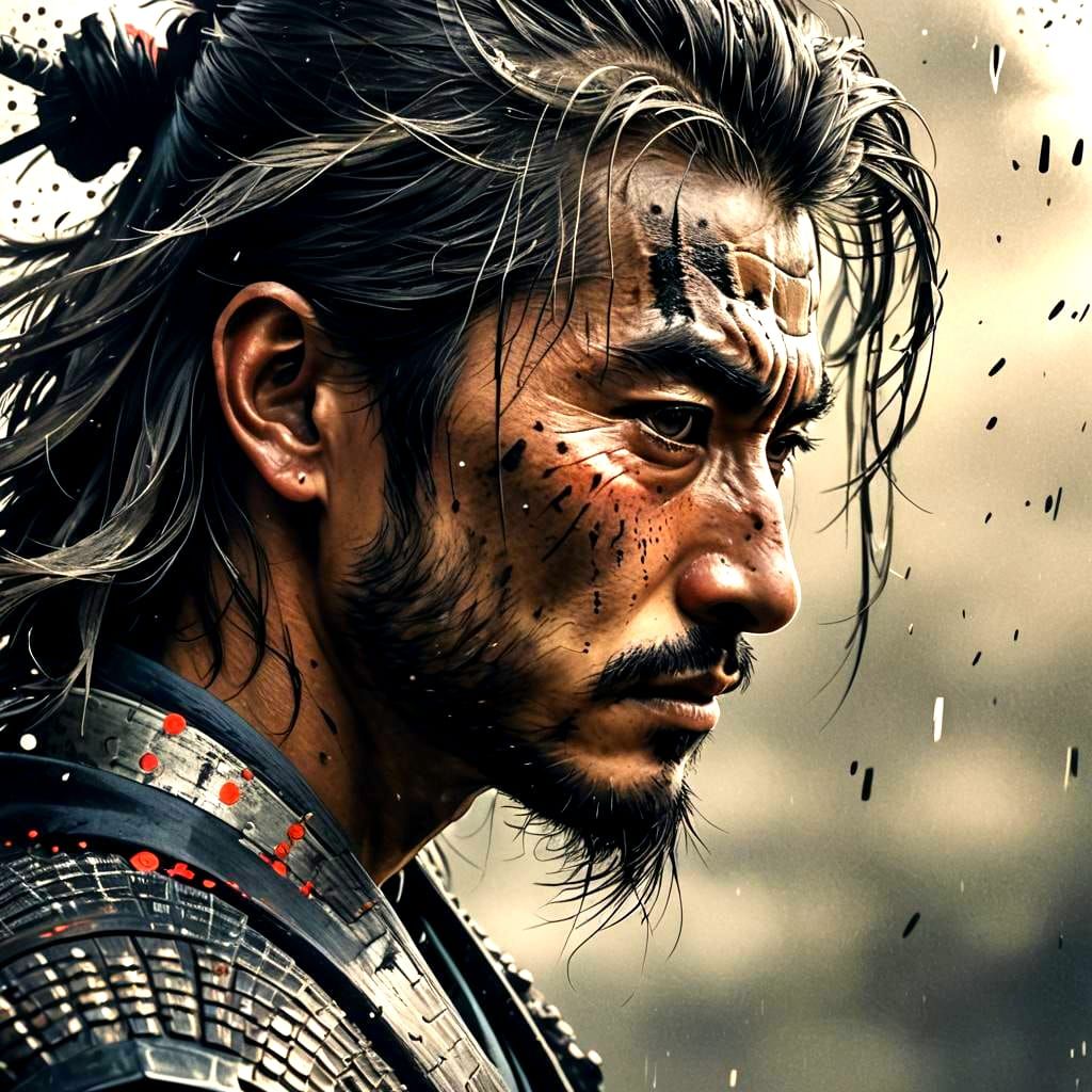 Detailed Samurai Reflection in Dot Art Style