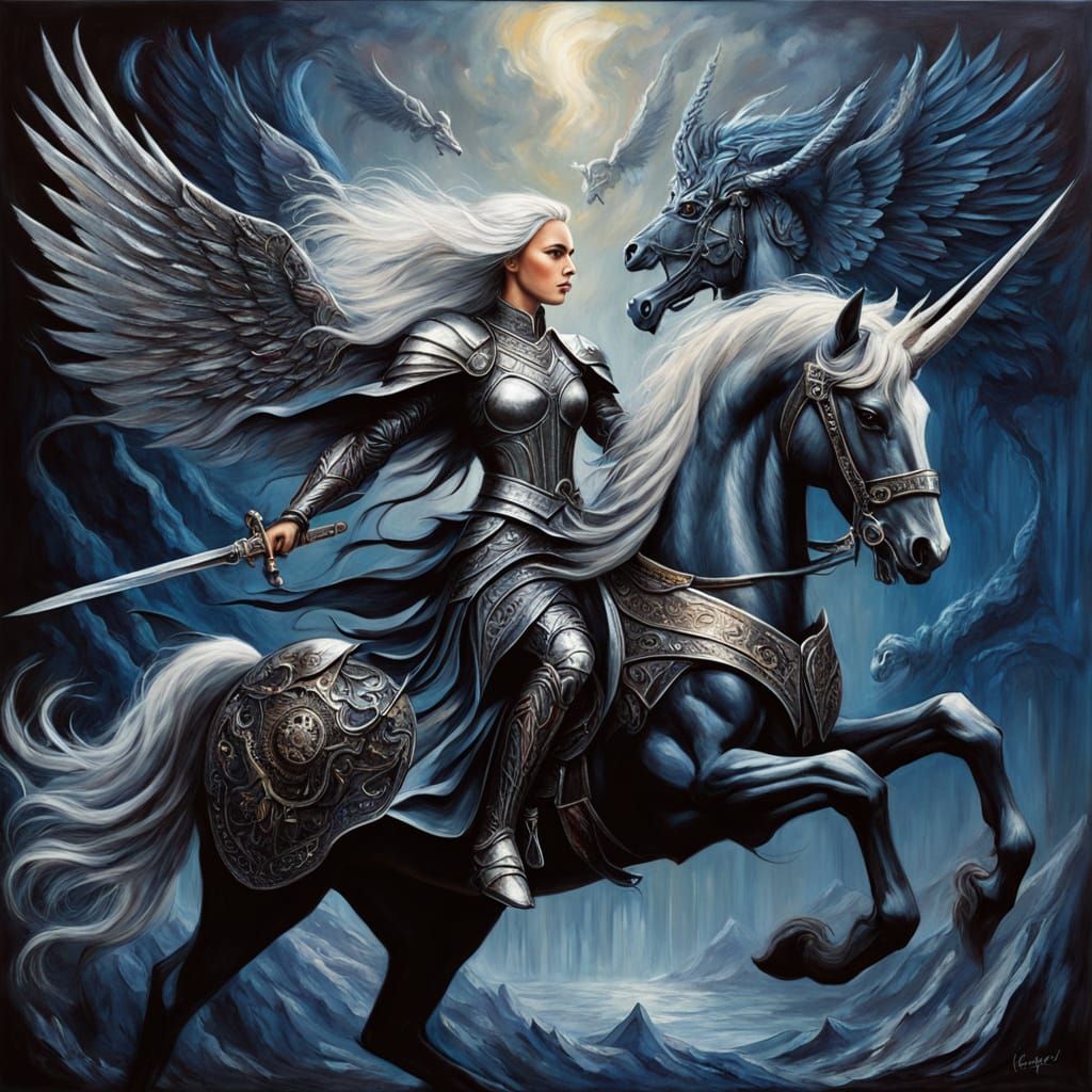 Valkyrie Rides Armored Unicorn in Dark Fantasy Oil Painting