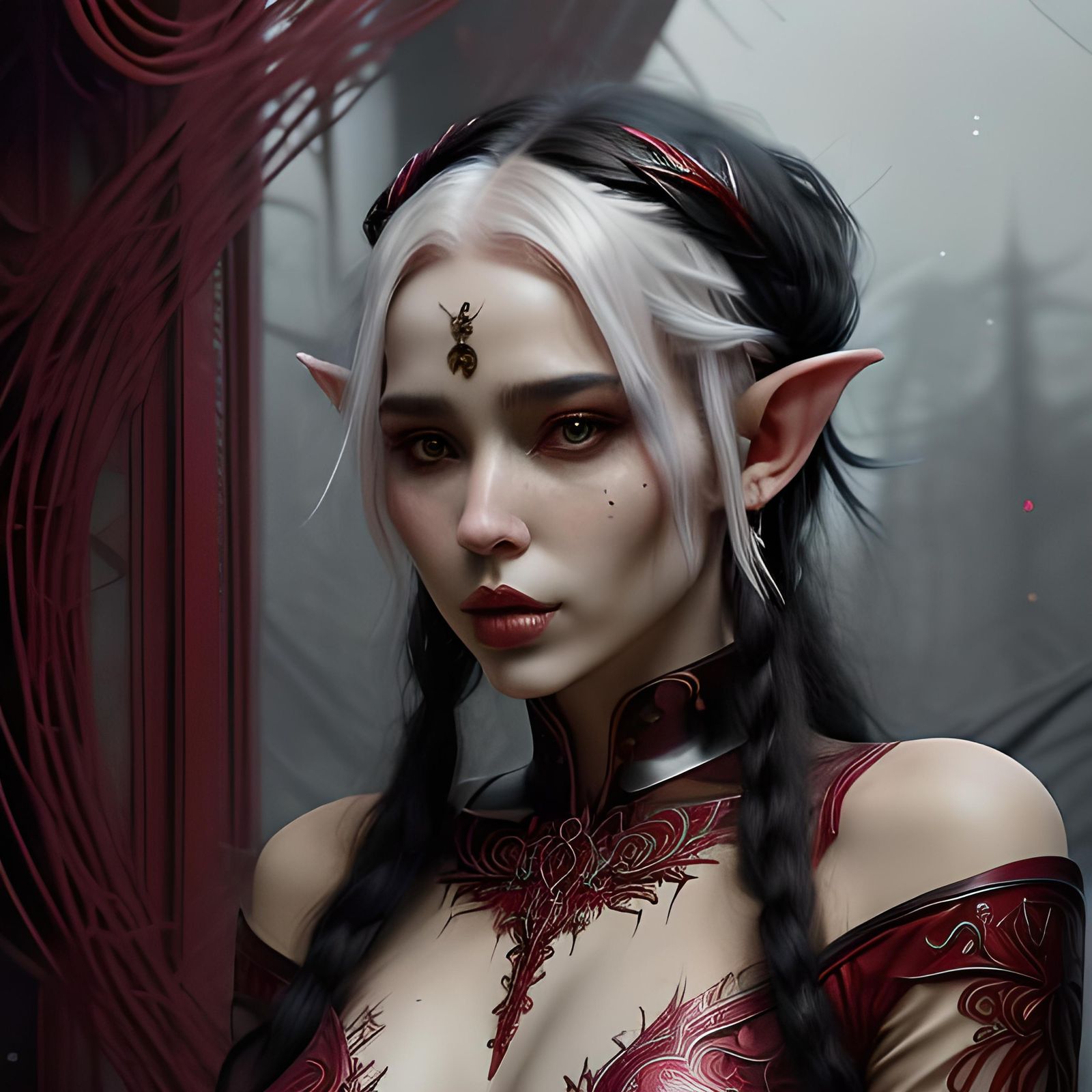 Red-Eyed Elf Princess in Opulent Hall, Inky Portrait
