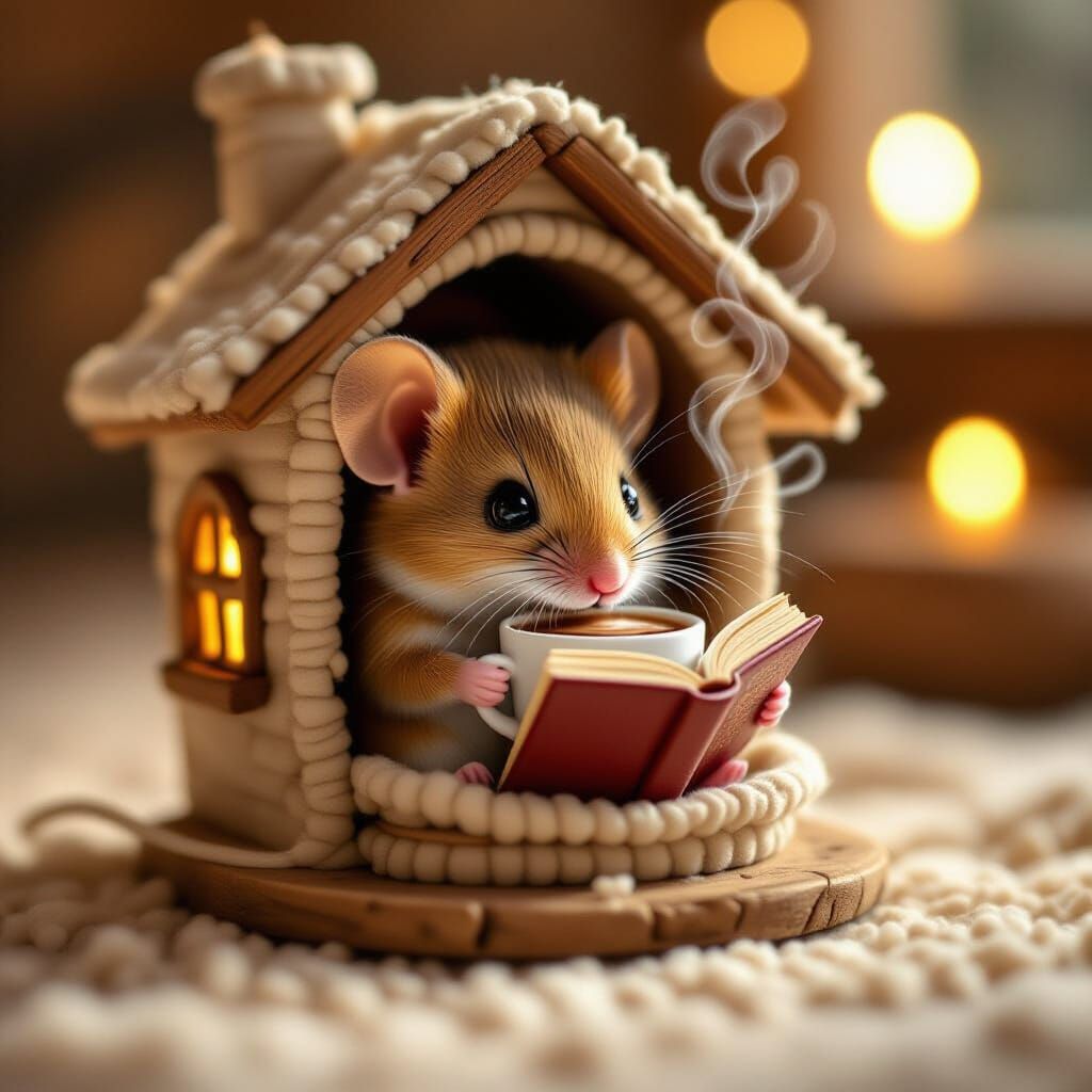 Adorable Mouse Reads by Warm Light in Cozy Home