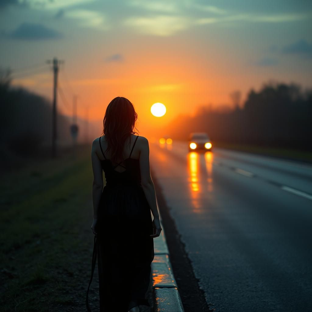 Ominous Sunrise: Woman Hitchhiking in Hyperrealism