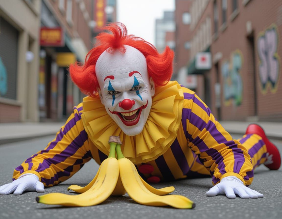 Cute Clown Slips on Banana Peel Up-Close Photoshoot