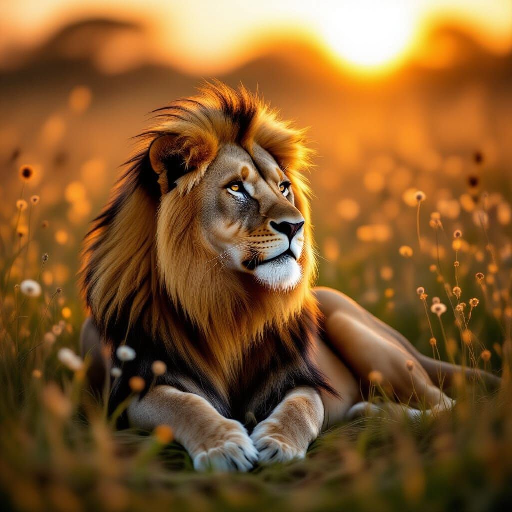 Majestic Lion in Golden Hour Meadow