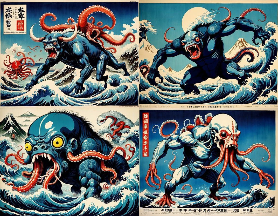 Grotesque Bovine Ape Squid Hybrid in 1970s Movie Poster Art