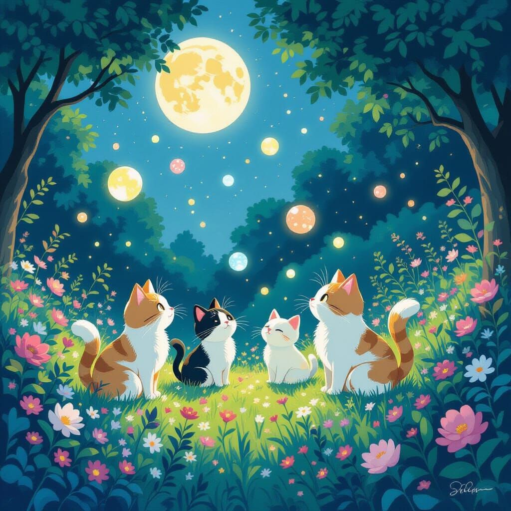Cats in Moonlit Garden with Glowing Orbs