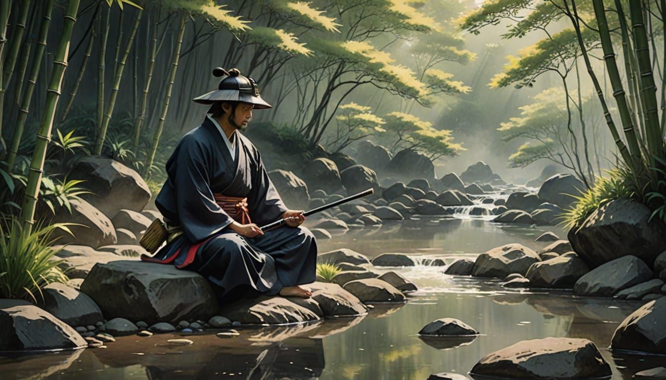 Samurai Meditation in Bamboo Forest: Watercolor Concept Art