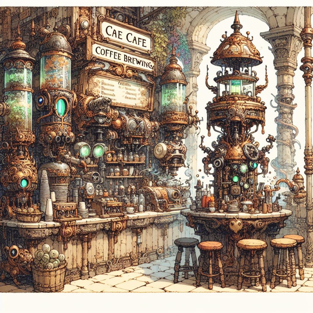 Goblin Baristas in Steampunk Cafe: A Whimsical Fantasy