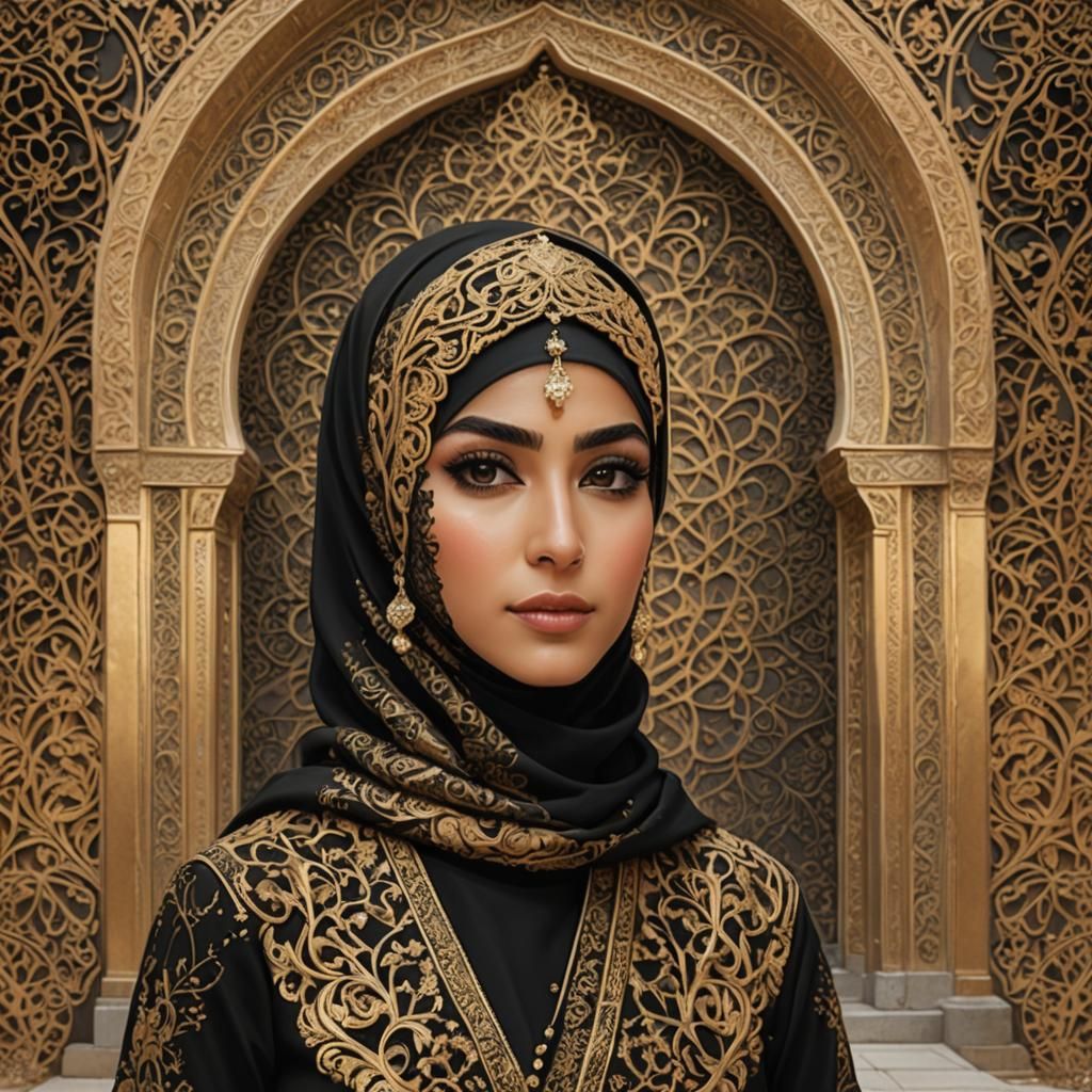 Elegant Iranian Woman in Traditional Gold Attire