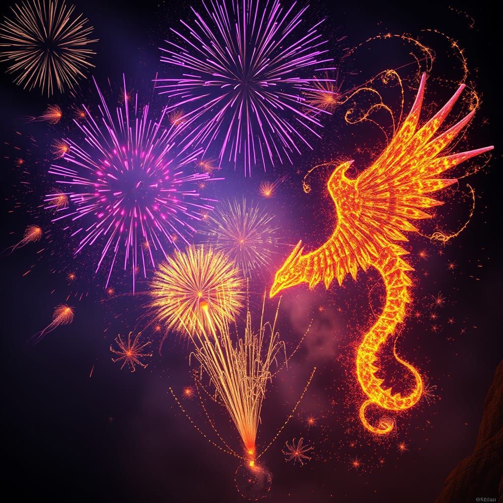 Vibrant Fantasy Creatures Emerge from Pyrotechnic Spectacle