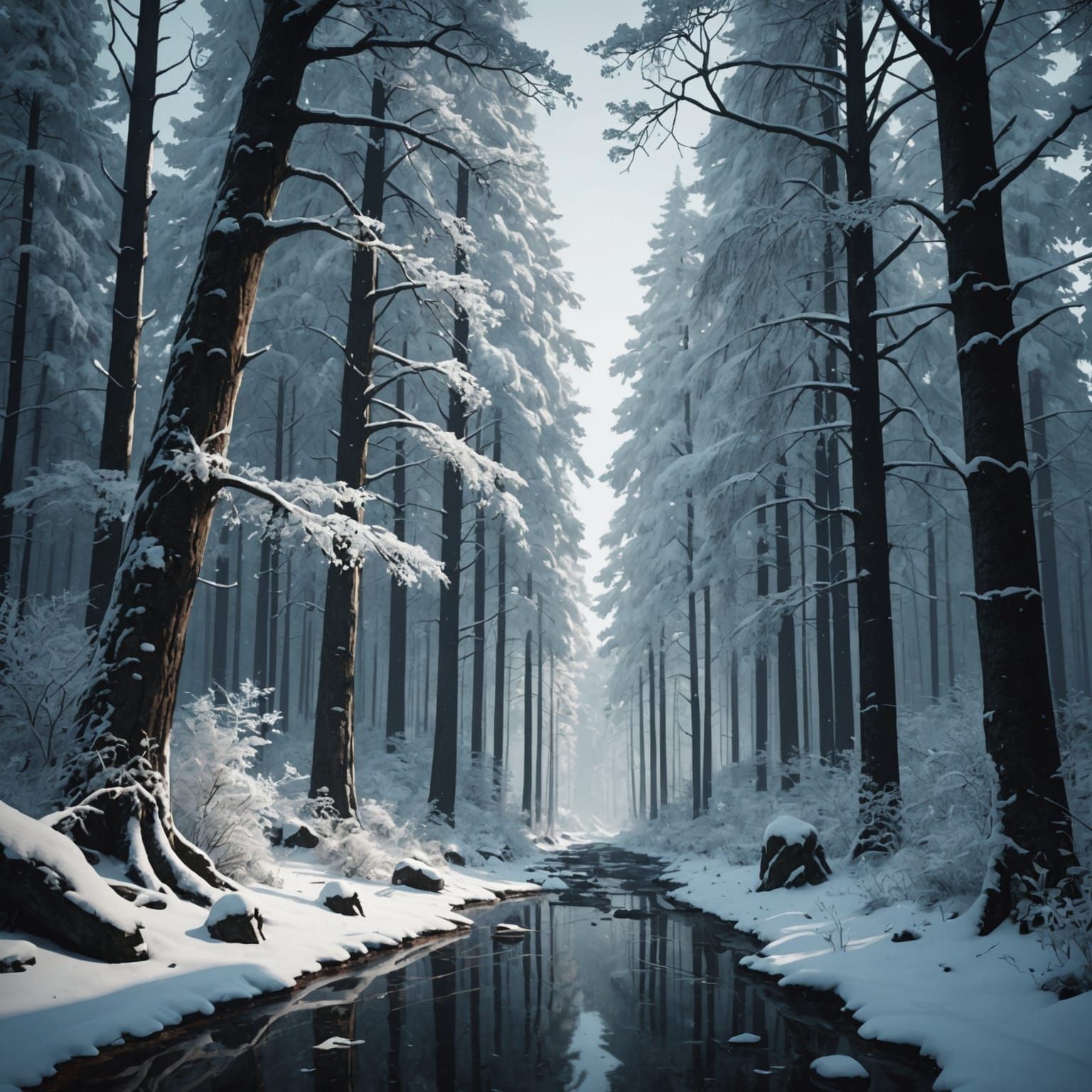 Monochromatic Winter Forest in Detailed Matte Painting