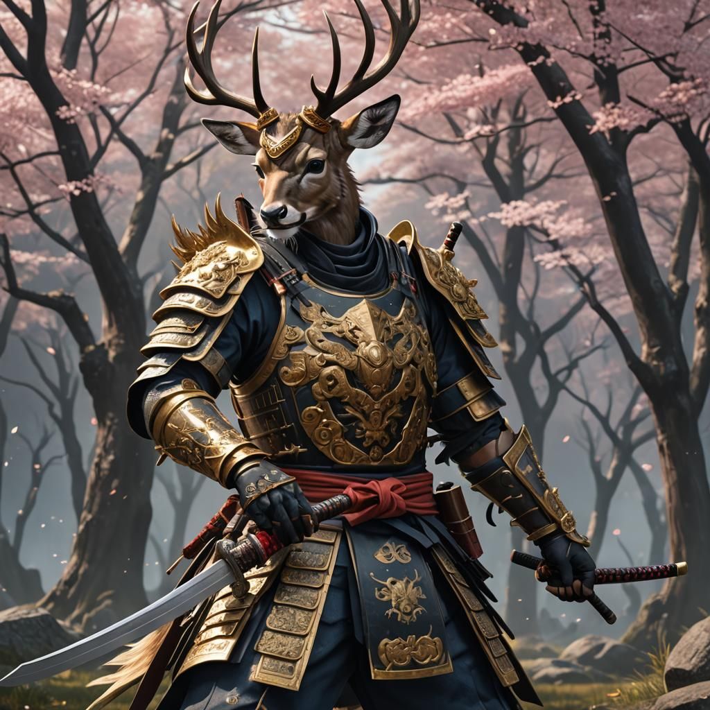 Armored Deer Samurai with Katana: 3D Anime Art