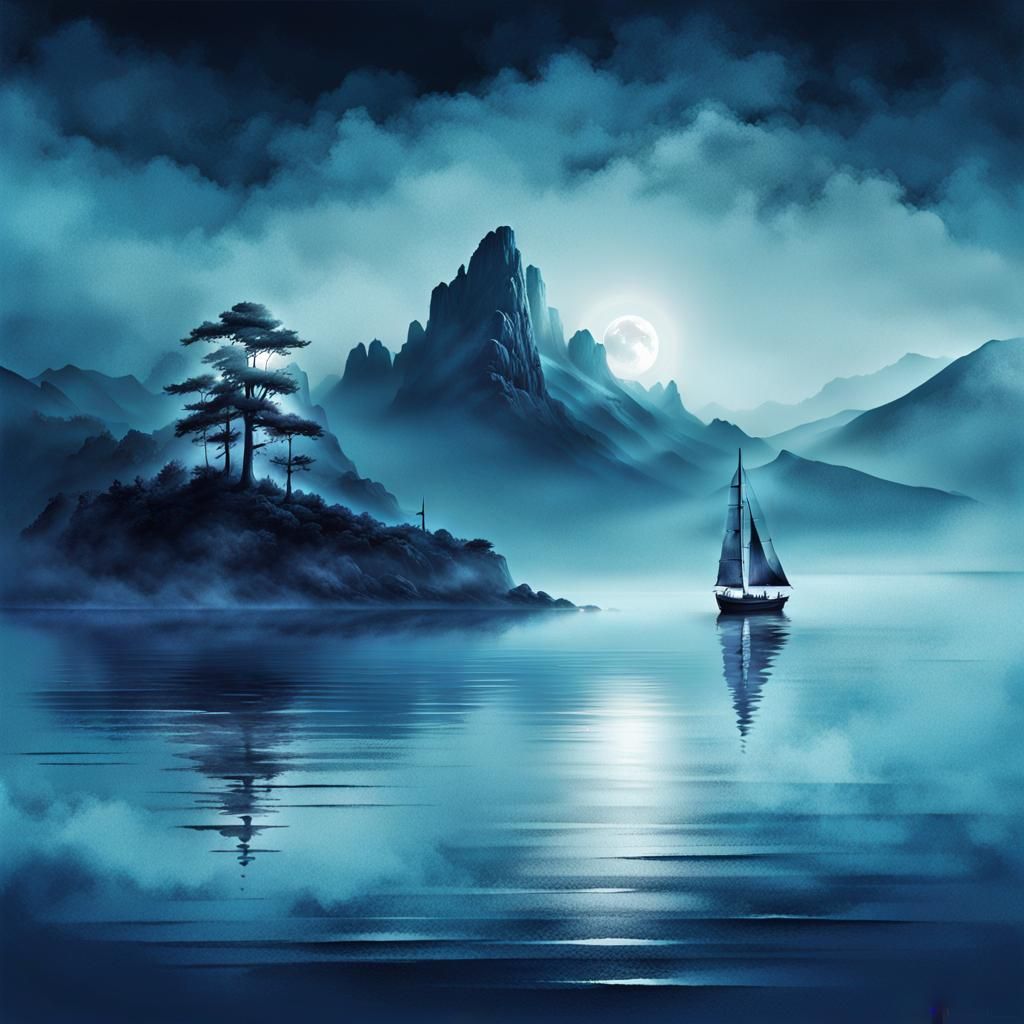 Blue Monochrome Seascape in Baroque Style