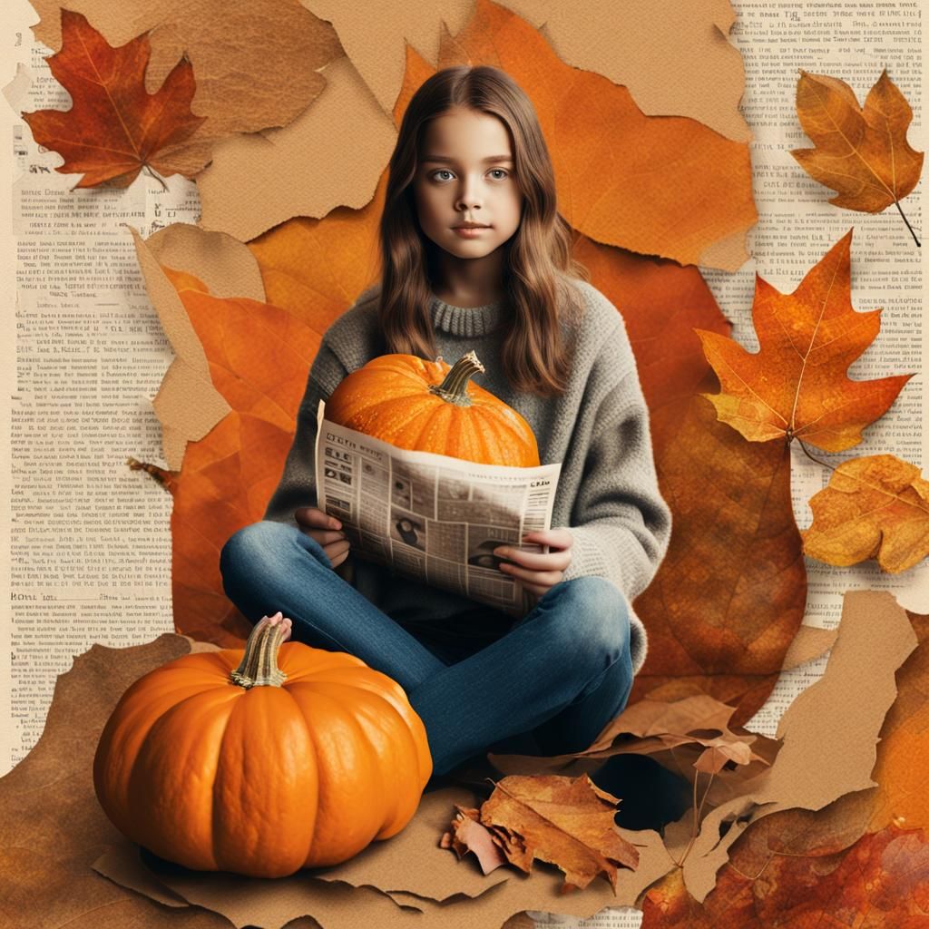 Collage Artwork of Girl with Pumpkin in Autumn