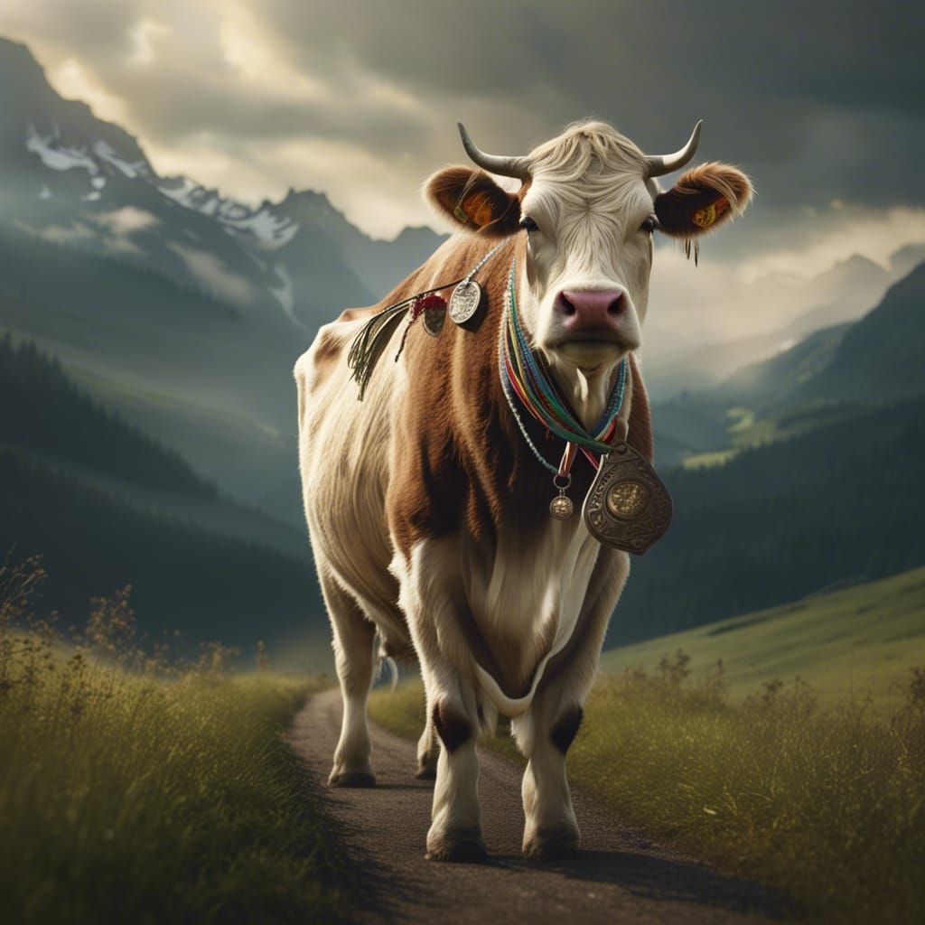 Swiss Cow Walks From Mountain Pasture: Digital Matte Paintin...