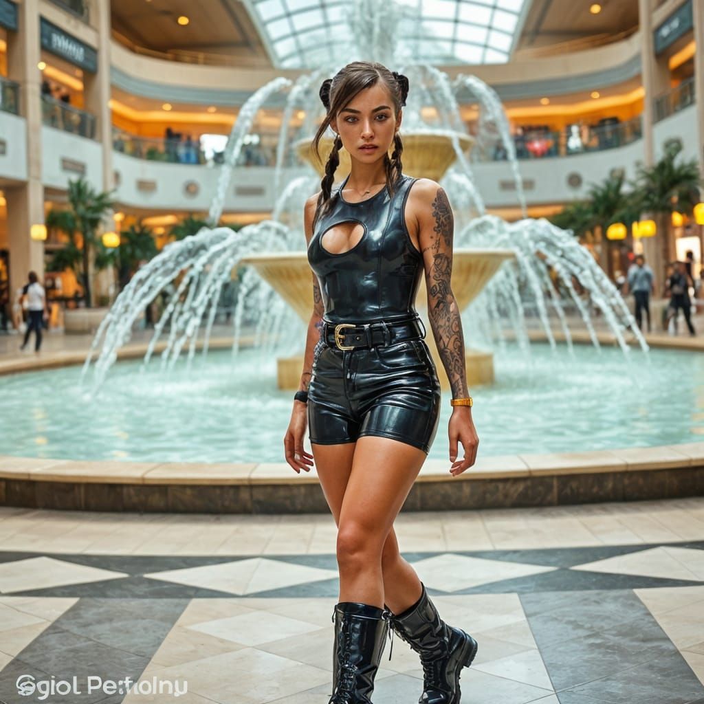 Woman in Latex Outfit Poses in Mall
