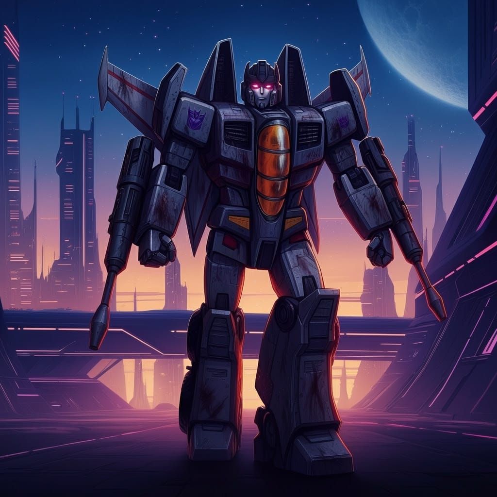 Battle-Damaged Decepticon in Cyberpunk Cityscape