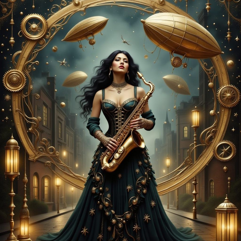 Steampunk Jazz Singer in Foggy Cityscape