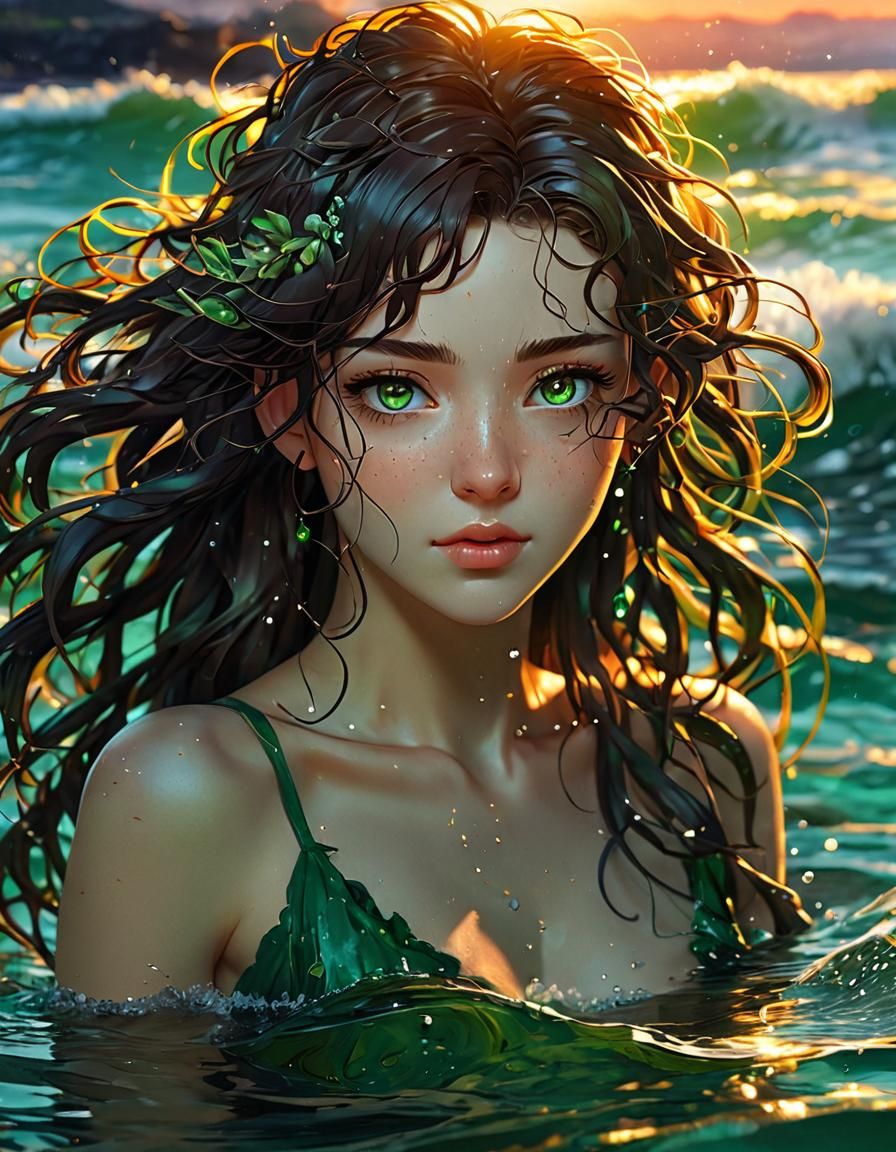 Brunette Girl Emerges from Emerald Sea, Anime Style