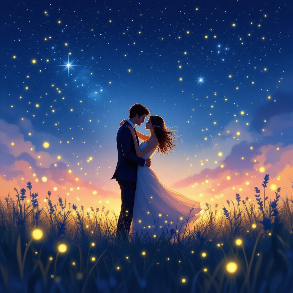 Ethereal Couple Dancing Under Starry Sky with Fireflies